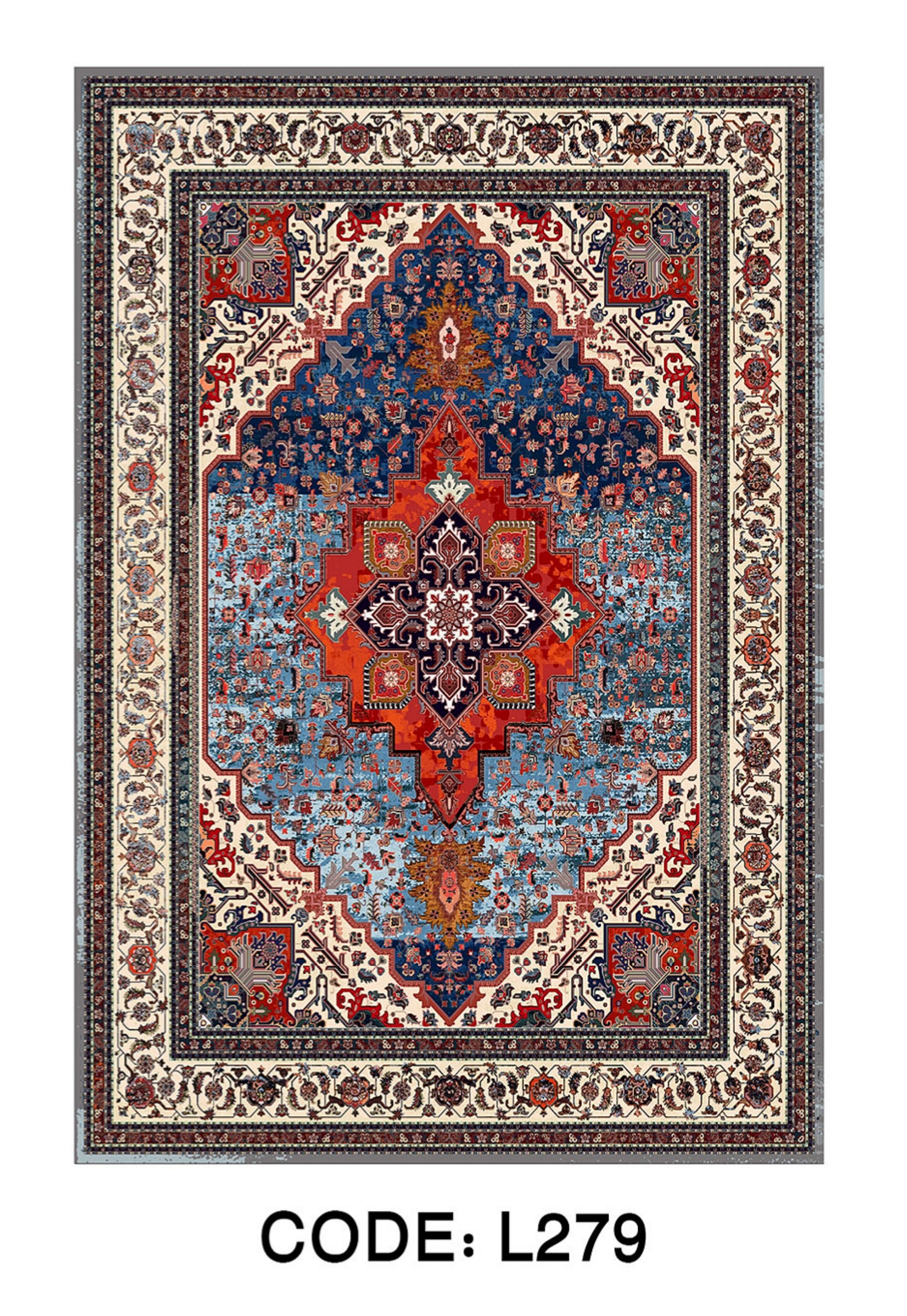 فرشینه طرح هریس کد L279 با زمینه آبی، ترنج قرمز، سبک کلاسیک ایرانی، مخمل شانل، قابل شستشو و مناسب پذیرایی و اتاق خواب