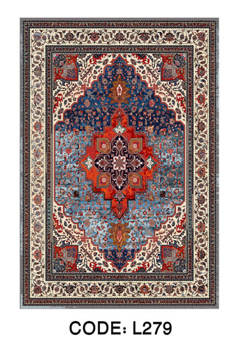فرشینه طرح هریس کد L279 با زمینه آبی، ترنج قرمز، سبک کلاسیک ایرانی، مخمل شانل، قابل شستشو و مناسب پذیرایی و اتاق خواب