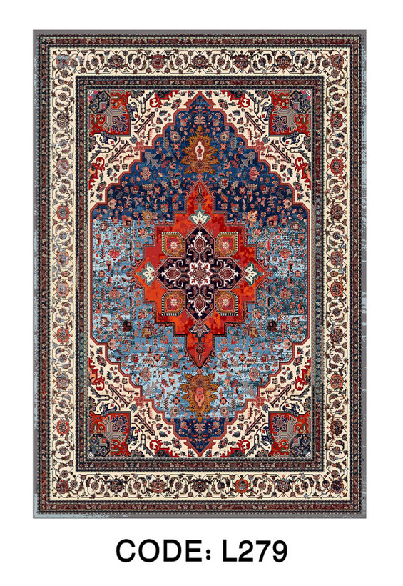 فرشینه طرح هریس کد L279 با زمینه آبی، ترنج قرمز، سبک کلاسیک ایرانی، مخمل شانل، قابل شستشو و مناسب پذیرایی و اتاق خواب