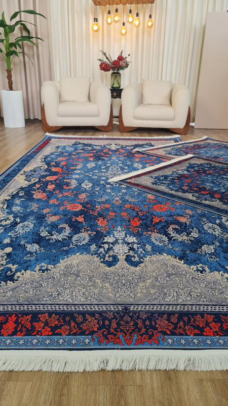 فرشینه گلدار کلاسیک سرمه ای