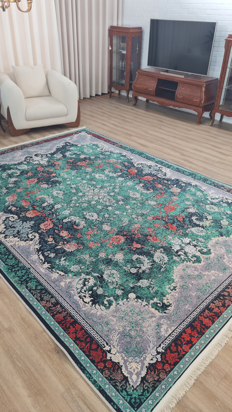 فرشینه طرح کلاسیک سبز یشمی گلدار | فرشینه لاکچری | کد L507