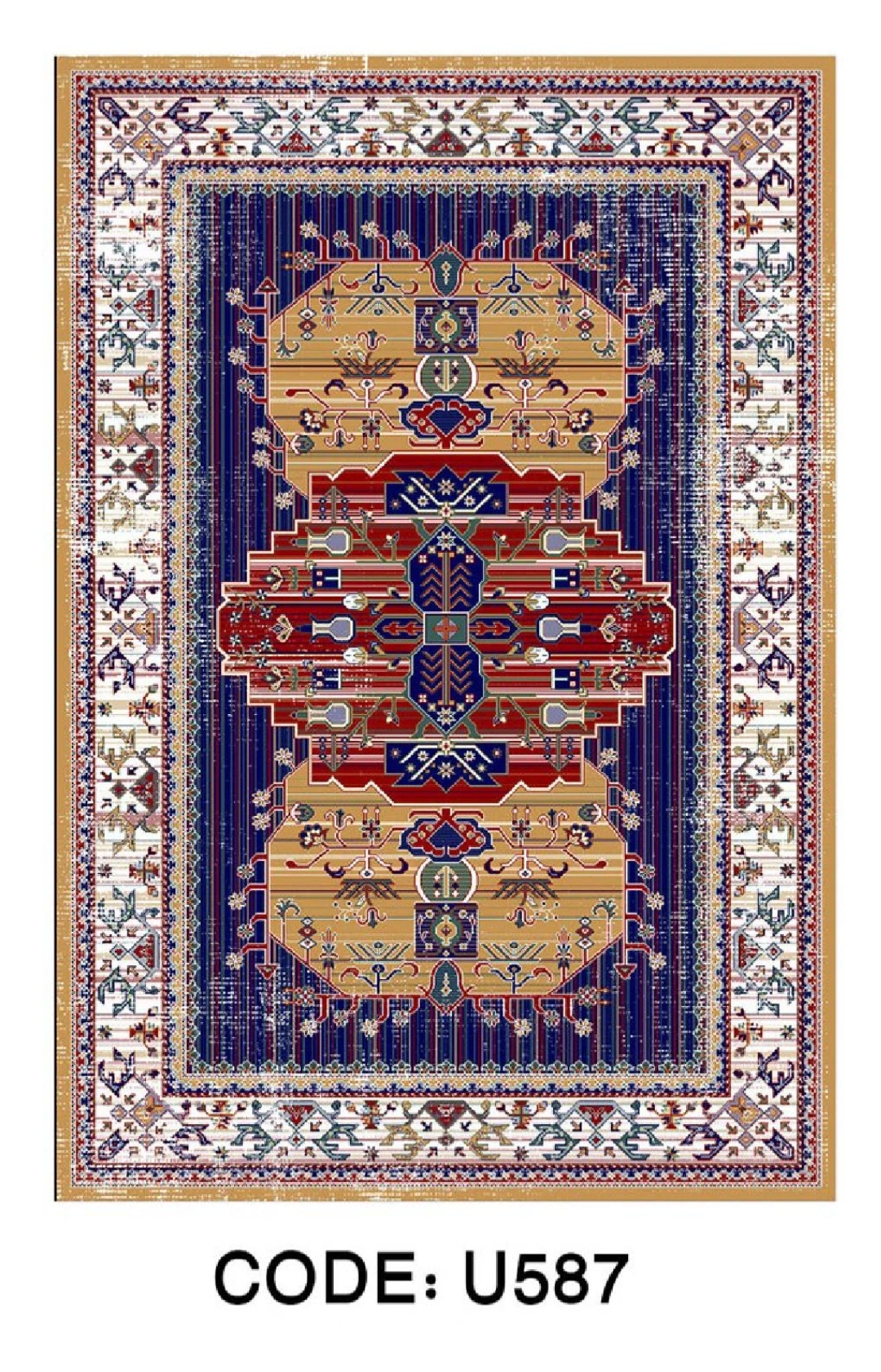فرشینه طرح هندسی سنتی سرمه‌ای کد U587 با نقوش قرمز، کرم و طلایی