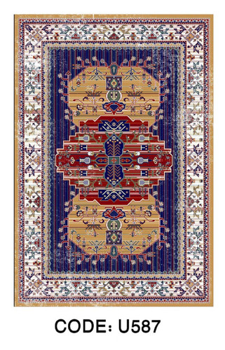 فرشینه طرح هندسی سنتی سرمهای کد U587 با نقوش قرمز، کرم و طلایی