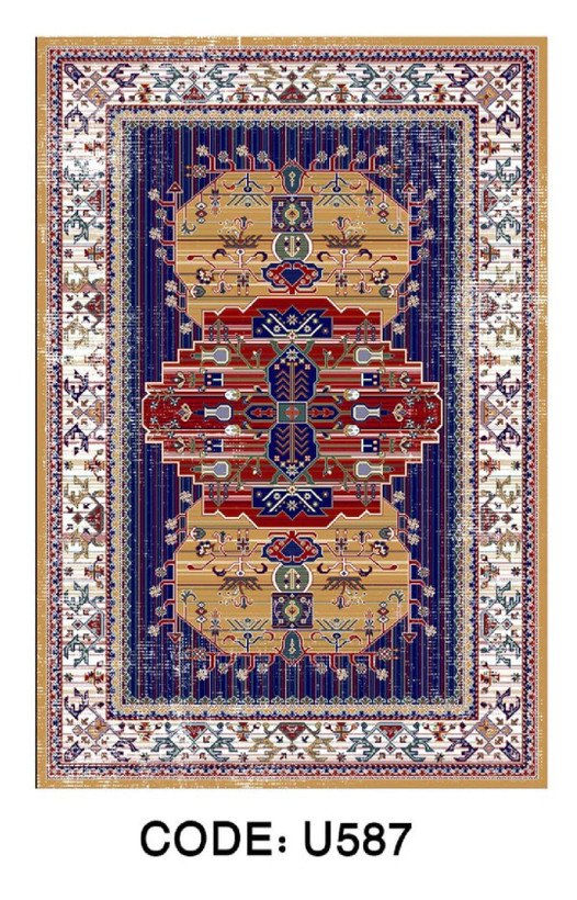 فرشینه طرح هندسی سنتی سرمهای کد U587 با نقوش قرمز، کرم و طلایی